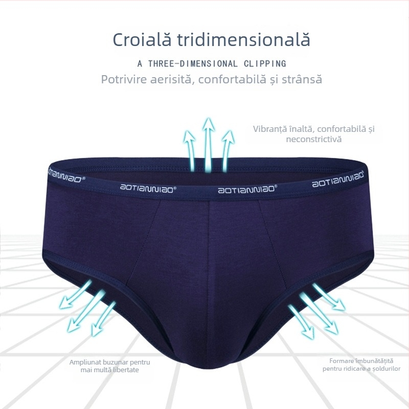 Chiloți bărbătești briefs, respirabili, talie medie, tricot, fibre de celuloză regenerată, căptușeală modal 90–95%.
