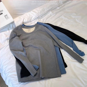 Set termic pentru bărbați din cașmir, căptușit cu fleece, dublu strat, tricot gros 251–300 g/m², pulover cu guler rotund și pantaloni, mâneci lungi