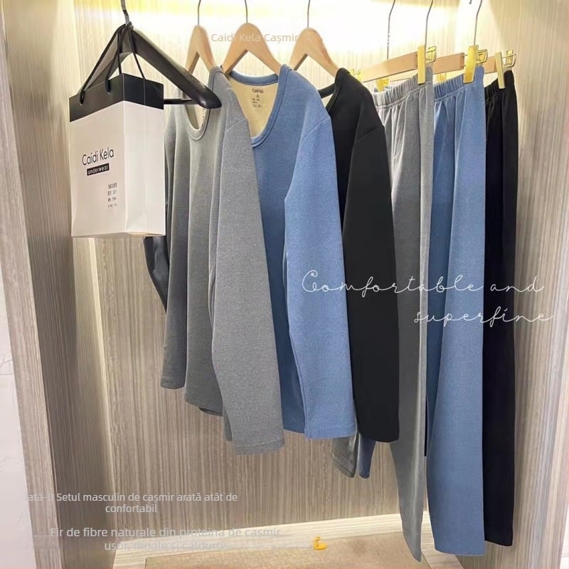 Set termic pentru bărbați din cașmir, căptușit cu fleece, dublu strat, tricot gros 251–300 g/m², pulover cu guler rotund și pantaloni, mâneci lungi