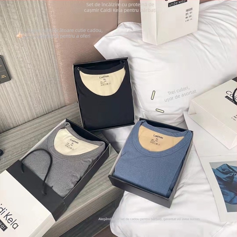 Set termic pentru bărbați din cașmir, căptușit cu fleece, dublu strat, tricot gros 251–300 g/m², pulover cu guler rotund și pantaloni, mâneci lungi