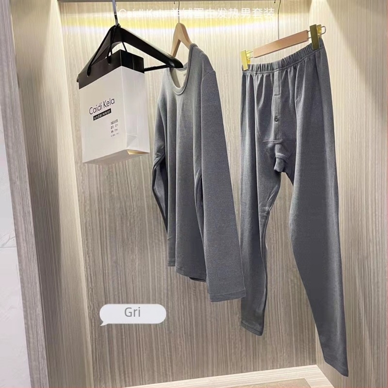 Set termic pentru bărbați din cașmir, căptușit cu fleece, dublu strat, tricot gros 251–300 g/m², pulover cu guler rotund și pantaloni, mâneci lungi