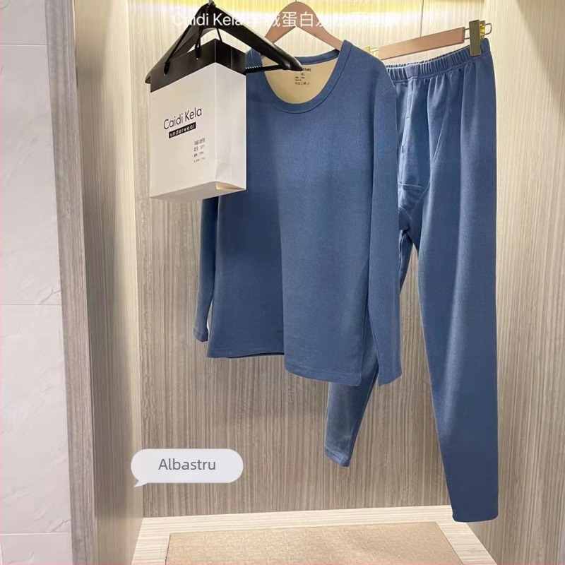 Set termic pentru bărbați din cașmir, căptușit cu fleece, dublu strat, tricot gros 251–300 g/m², pulover cu guler rotund și pantaloni, mâneci lungi