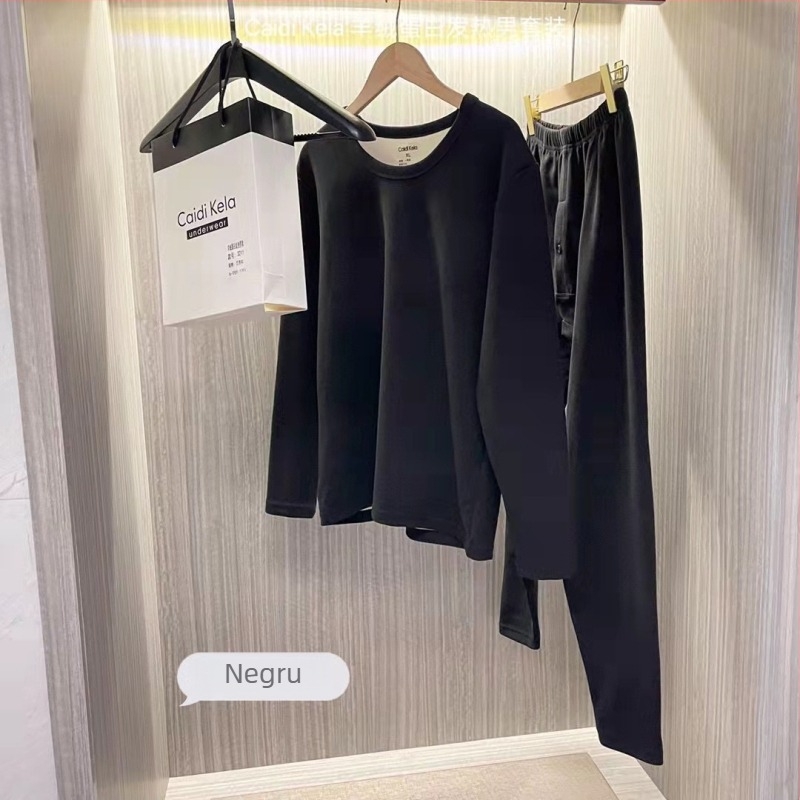 Set termic pentru bărbați din cașmir, căptușit cu fleece, dublu strat, tricot gros 251–300 g/m², pulover cu guler rotund și pantaloni, mâneci lungi