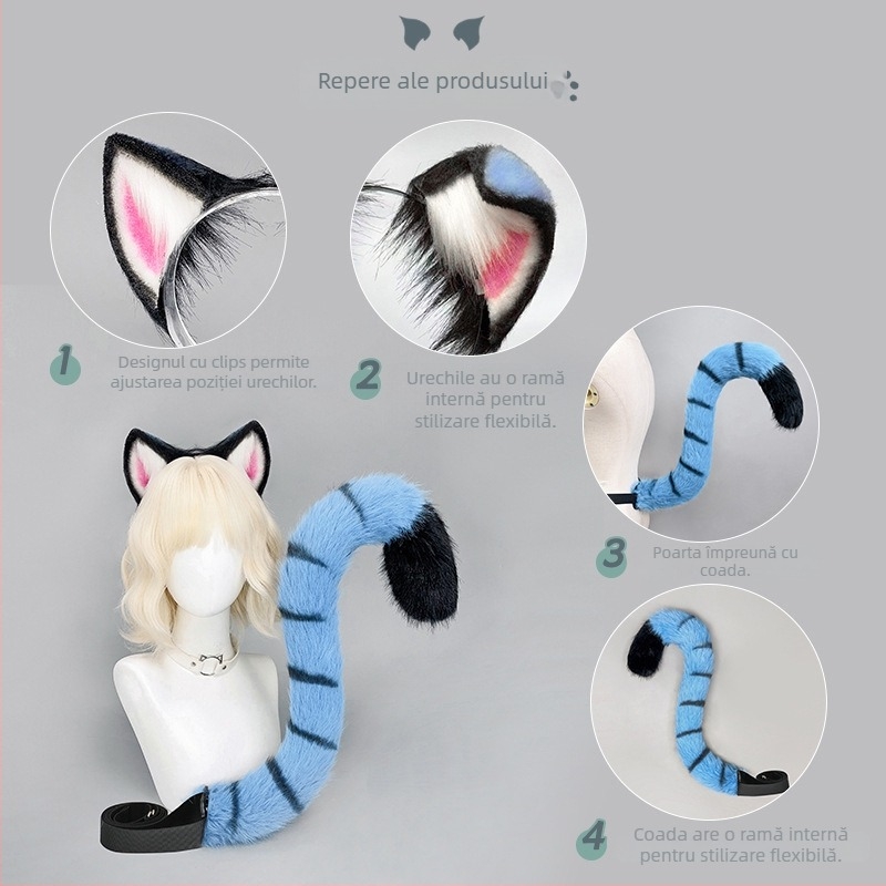 Set cosplay cu urechi de tigru și coadă – bandă pentru cap cu urechi, pentru adulți (În stoc, toamnă 2025)