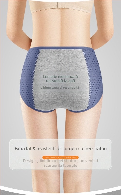 Chilot menstrual cu material Ice Silk, protecția împotriva scurgerilor, talie medie, tricotat; material principal 92% nailon, căptușeală inghinală 82.2% viscoză.