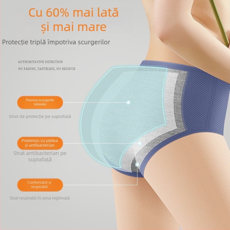 Chilot menstrual cu material Ice Silk, protecția împotriva scurgerilor, talie medie, tricotat; material principal 92% nailon, căptușeală inghinală 82.2% viscoză.