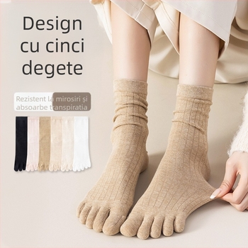 Șosete pentru femei cu degete separate, lungime mid-calf; amestec bumbac (64,4% bumbac, 32,7% poliester, 2,9% spandex); antibacteriale, absorbante de transpirație, deodorante, anti-fricțiune; tricotate cu un singur ac