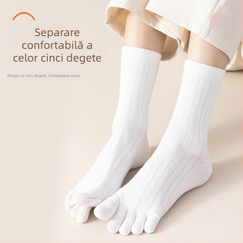Șosete pentru femei cu degete separate, lungime mid-calf; amestec bumbac (64,4% bumbac, 32,7% poliester, 2,9% spandex); antibacteriale, absorbante de transpirație, deodorante, anti-fricțiune; tricotate cu un singur ac