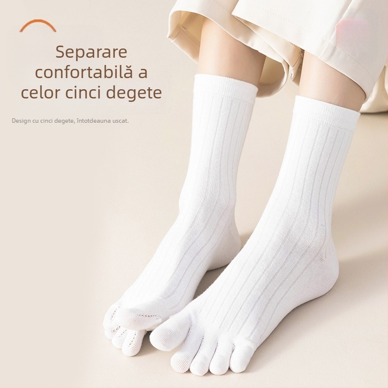 Șosete pentru femei cu degete separate, lungime mid-calf; amestec bumbac (64,4% bumbac, 32,7% poliester, 2,9% spandex); antibacteriale, absorbante de transpirație, deodorante, anti-fricțiune; tricotate cu un singur ac