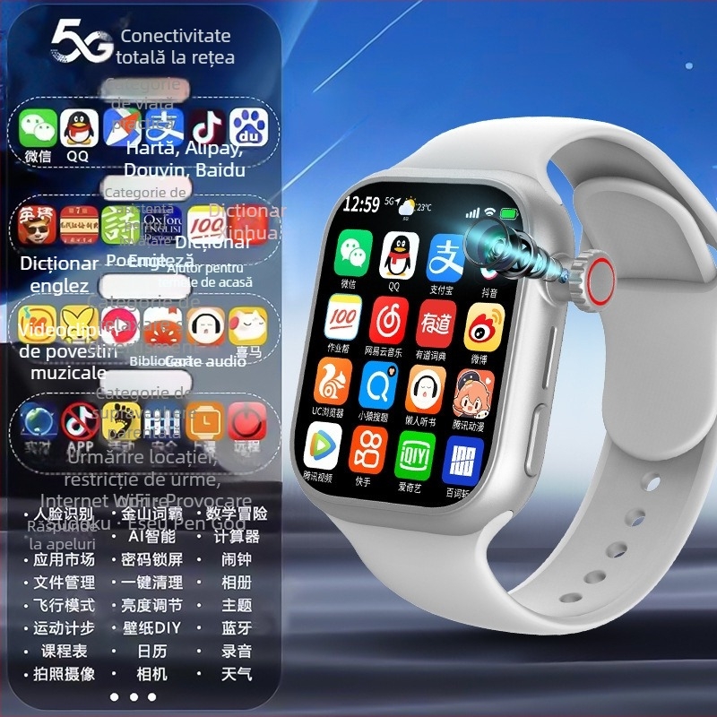 Ceas inteligent pentru copii cu slot SIM, 5G, rezistent la apă, localizare, fotografiere, pedometru, curea din silicon