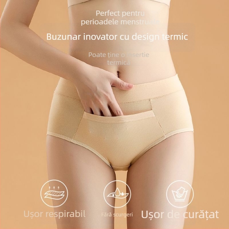 Lenjerie intimă de perioadă din bumbac, căptușeală modală în zona genitală, talie medie, protecție împotriva scurgerilor