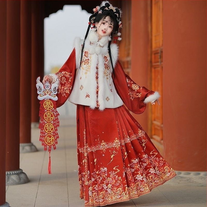 Îmbrăcăminte feminină în stil chinezesc, inspirată din dinastia Ming, set fustă cu guler pătrat, căptușit cu fleece, material PVC 90–95%, pentru purtare zilnică