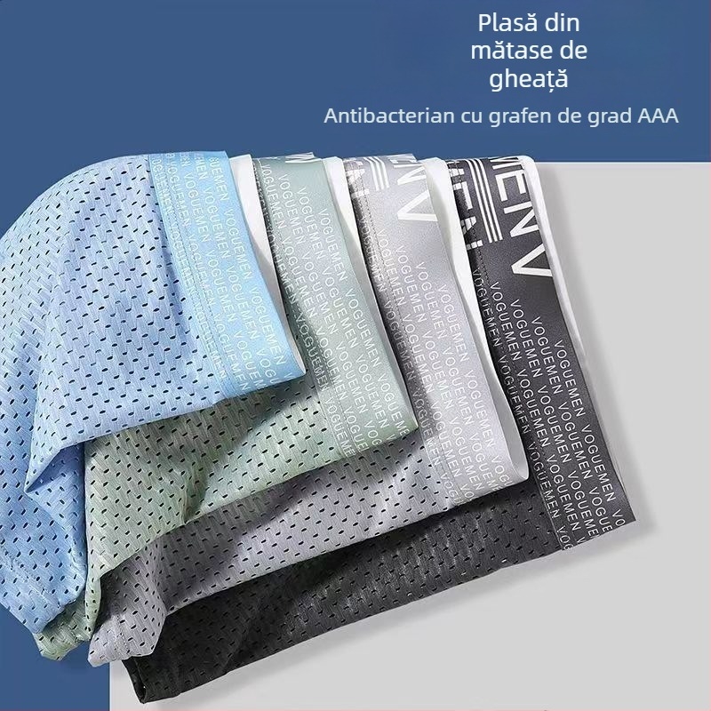 Boxeri bărbați Ice Silk cu plasă, respirabili și antibacterieni; material principal: poliester 95–100%, căptușeală zona inghinală: fibre de celuloză regenerată 95–100%