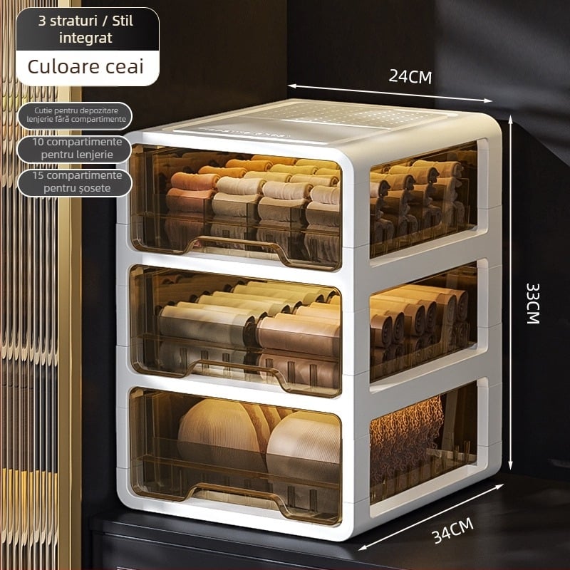 Cutie de depozitare cu sertar din plastic transparent, pentru haine și lenjerie, brand met, personalizabil cu logo tipărit, stil light luxury