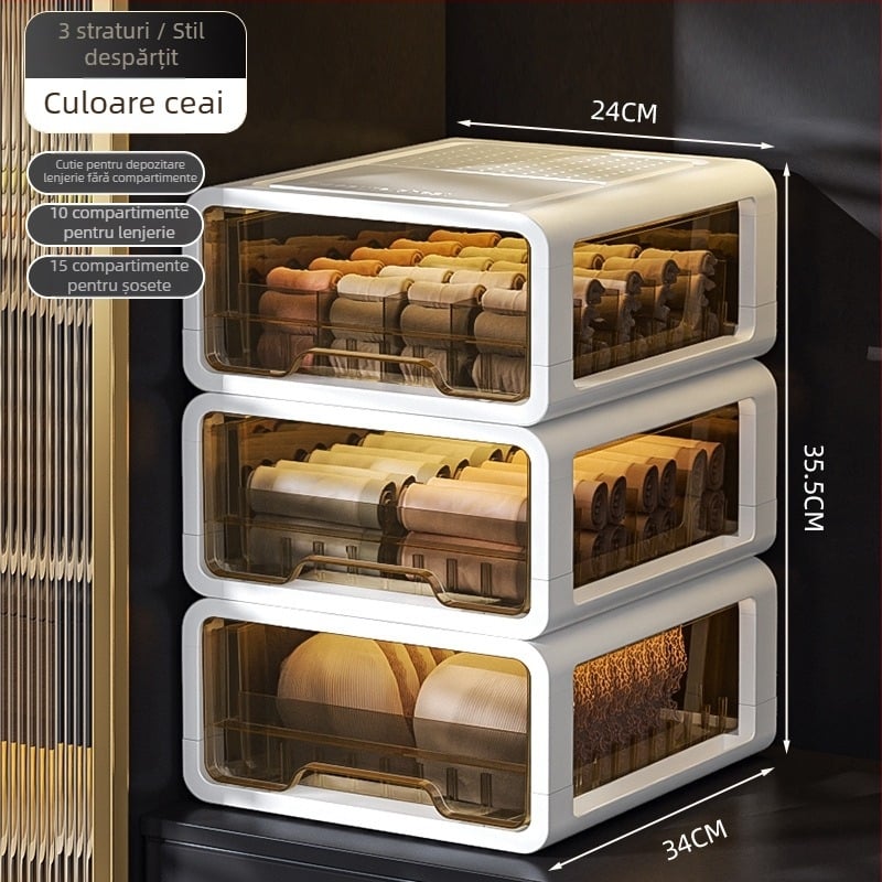 Cutie de depozitare cu sertar din plastic transparent, pentru haine și lenjerie, brand met, personalizabil cu logo tipărit, stil light luxury