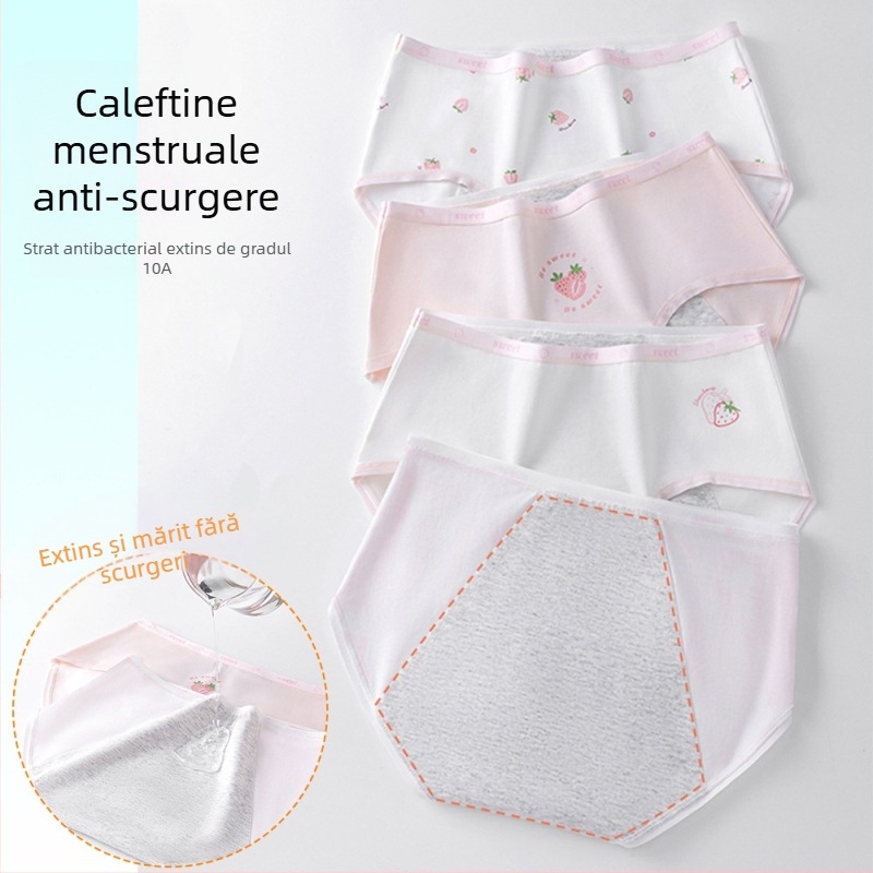 Chiloți pentru menstruație pentru fete, 95% bumbac, căptușeală 100% bumbac, antibacterian, talie medie, model imprimat, pentru fete 13–18 ani