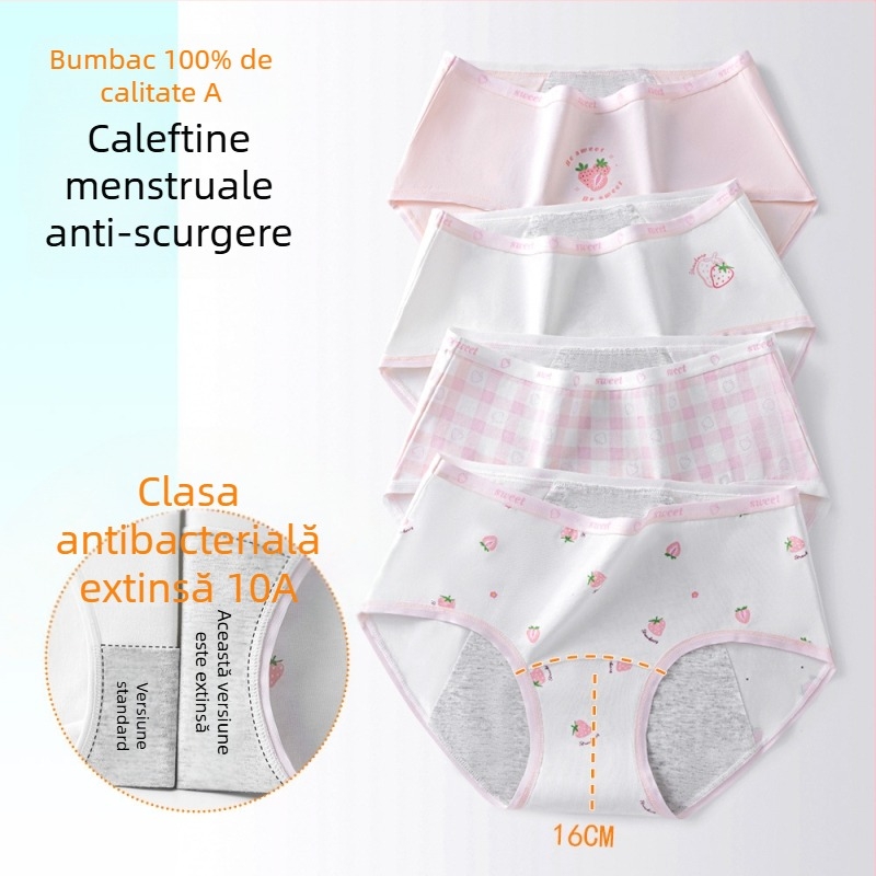 Chiloți pentru menstruație pentru fete, 95% bumbac, căptușeală 100% bumbac, antibacterian, talie medie, model imprimat, pentru fete 13–18 ani