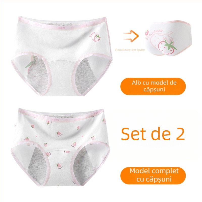 Chiloți pentru menstruație pentru fete, 95% bumbac, căptușeală 100% bumbac, antibacterian, talie medie, model imprimat, pentru fete 13–18 ani