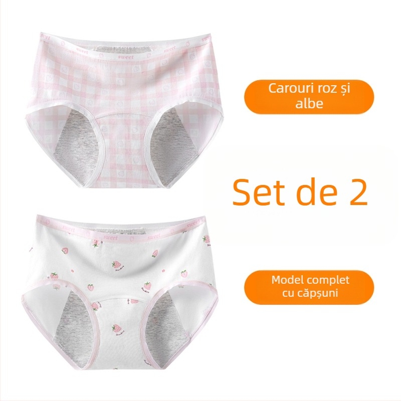 Chiloți pentru menstruație pentru fete, 95% bumbac, căptușeală 100% bumbac, antibacterian, talie medie, model imprimat, pentru fete 13–18 ani