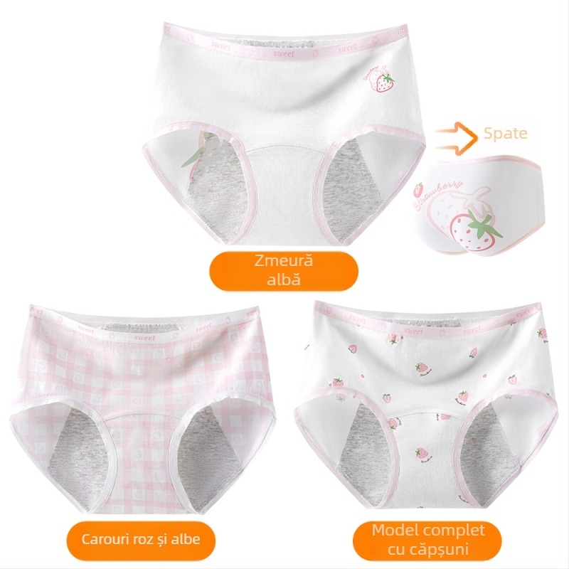 Chiloți pentru menstruație pentru fete, 95% bumbac, căptușeală 100% bumbac, antibacterian, talie medie, model imprimat, pentru fete 13–18 ani
