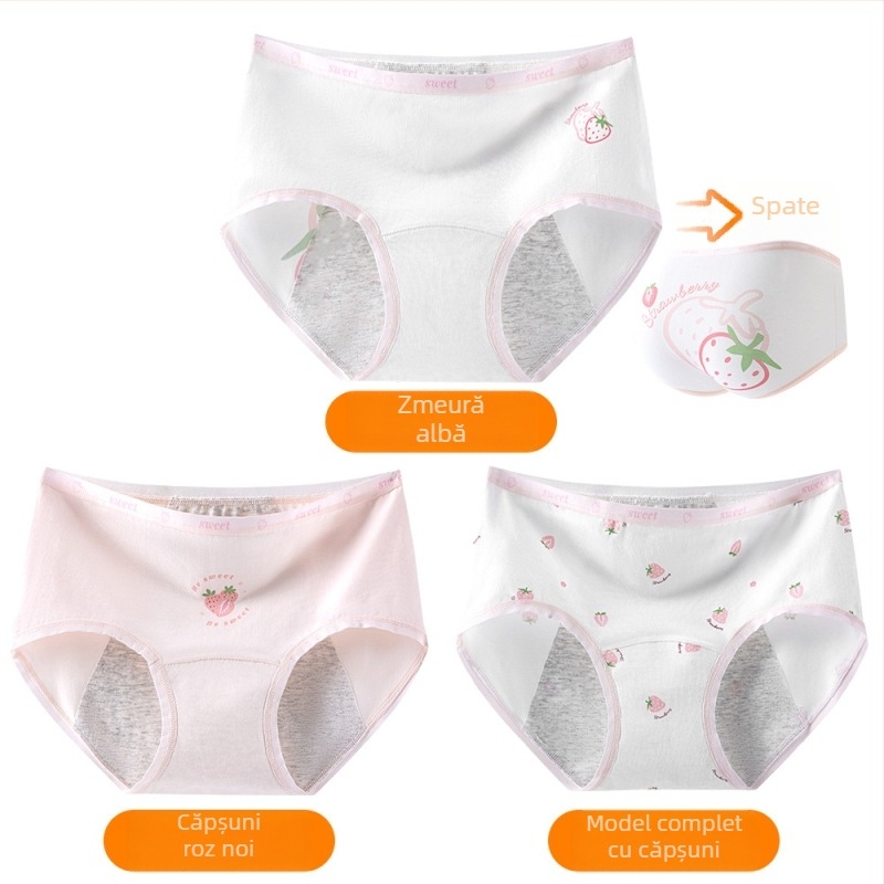 Chiloți pentru menstruație pentru fete, 95% bumbac, căptușeală 100% bumbac, antibacterian, talie medie, model imprimat, pentru fete 13–18 ani