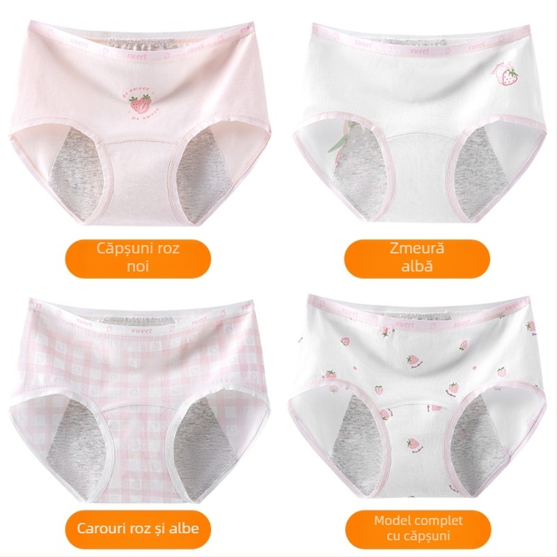 Chiloți pentru menstruație pentru fete, 95% bumbac, căptușeală 100% bumbac, antibacterian, talie medie, model imprimat, pentru fete 13–18 ani
