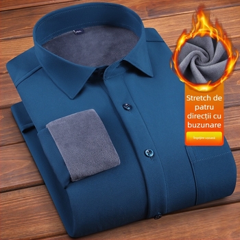 Cămașă pentru bărbați cu căptușeală de fleece și construcție groasă, mânecă lungă, guler drept, decor la buzunar, fără călcare