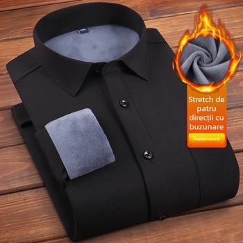 Cămașă pentru bărbați cu căptușeală de fleece și construcție groasă, mânecă lungă, guler drept, decor la buzunar, fără călcare