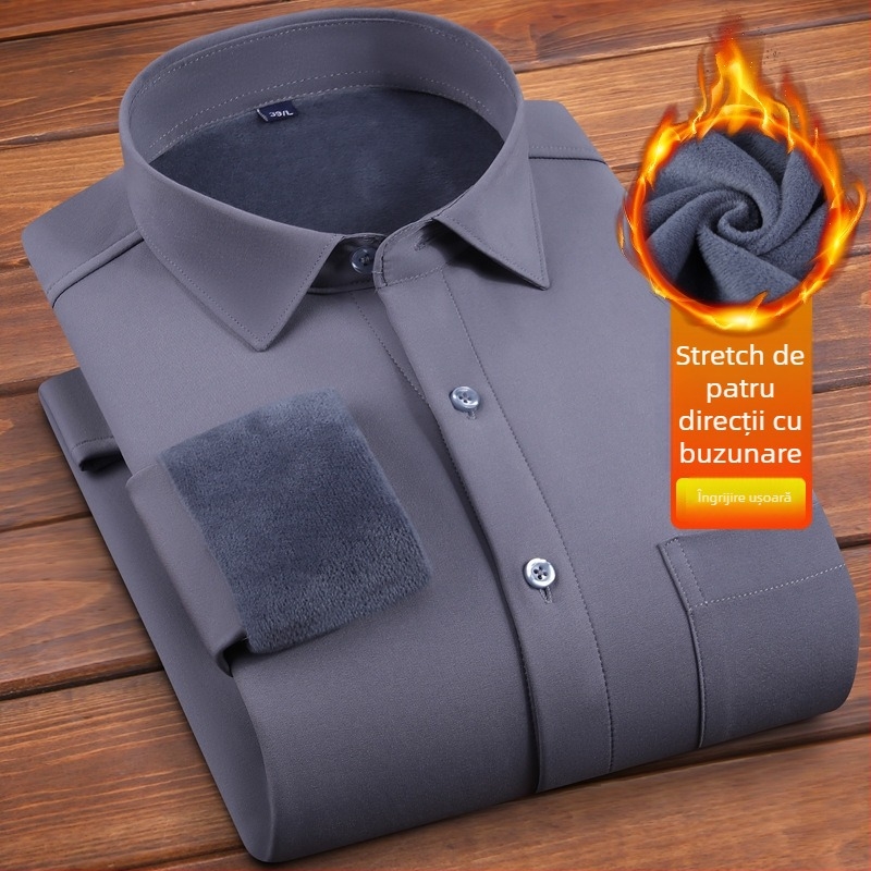 Cămașă pentru bărbați cu căptușeală de fleece și construcție groasă, mânecă lungă, guler drept, decor la buzunar, fără călcare