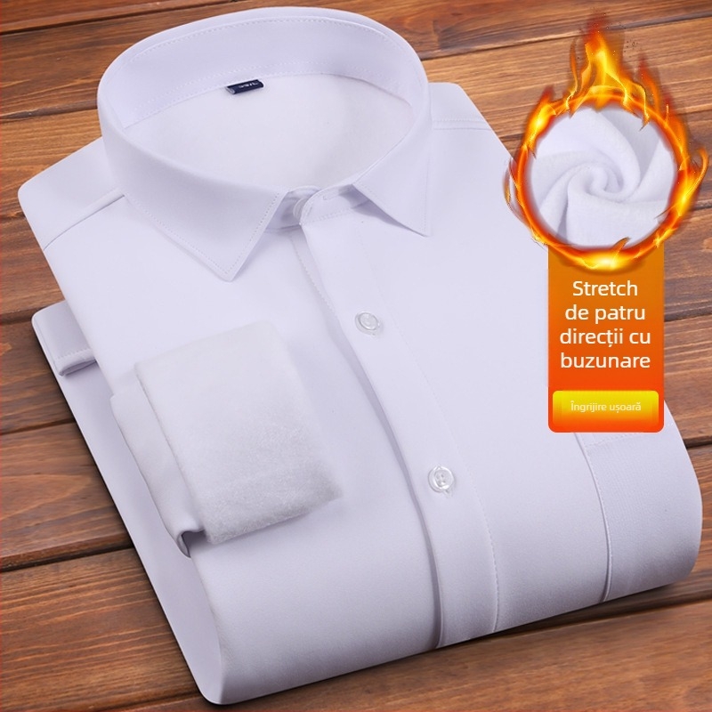 Cămașă pentru bărbați cu căptușeală de fleece și construcție groasă, mânecă lungă, guler drept, decor la buzunar, fără călcare