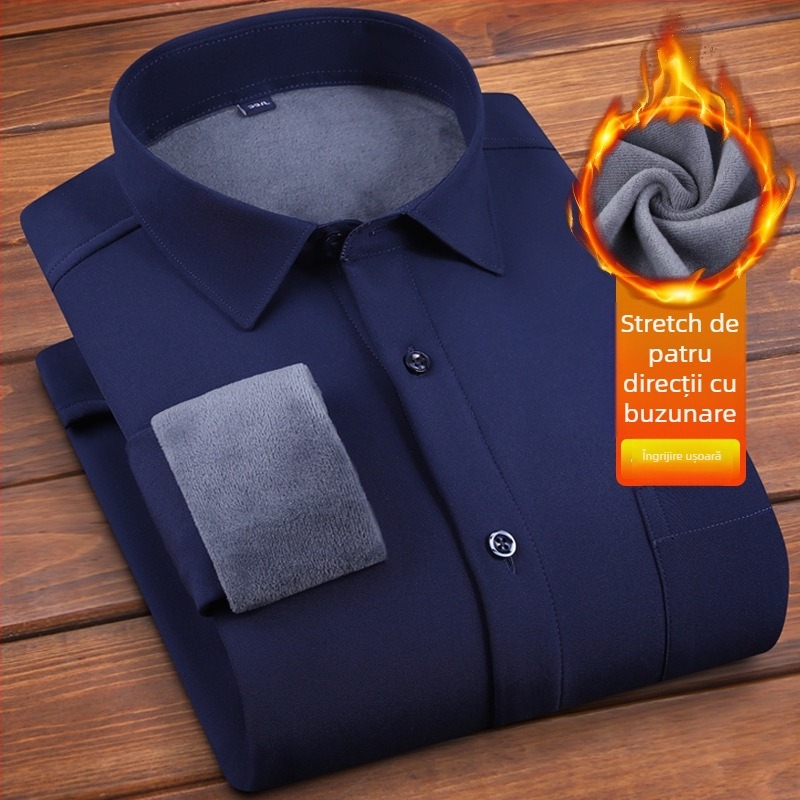 Cămașă pentru bărbați cu căptușeală de fleece și construcție groasă, mânecă lungă, guler drept, decor la buzunar, fără călcare