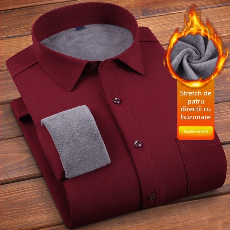 Cămașă pentru bărbați cu căptușeală de fleece și construcție groasă, mânecă lungă, guler drept, decor la buzunar, fără călcare