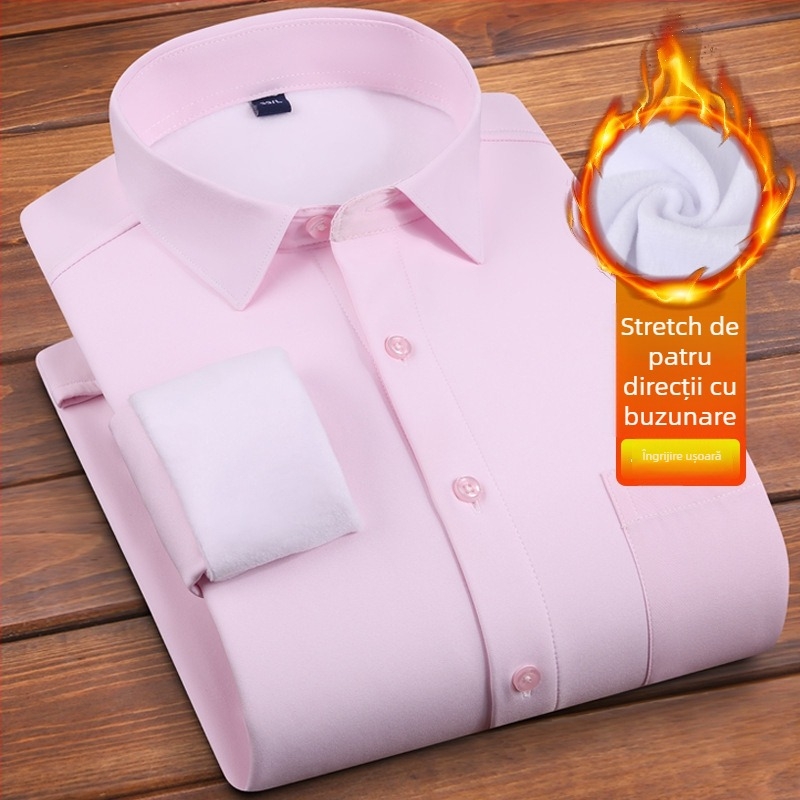 Cămașă pentru bărbați cu căptușeală de fleece și construcție groasă, mânecă lungă, guler drept, decor la buzunar, fără călcare