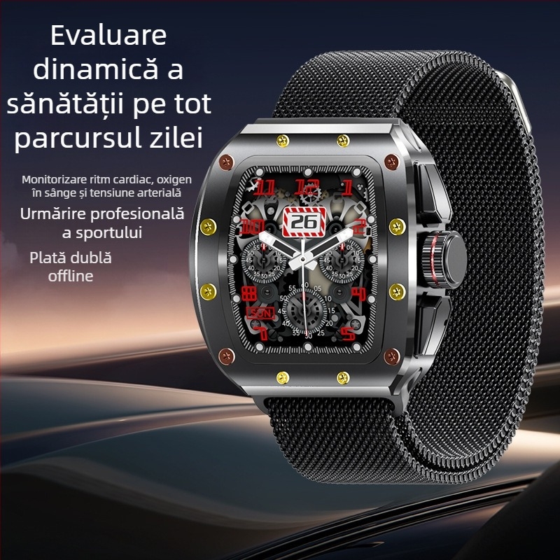 Ceas inteligent cu NFC, apeluri Bluetooth, monitorizare ritm cardiac și tensiune arterială, monitorizare somn