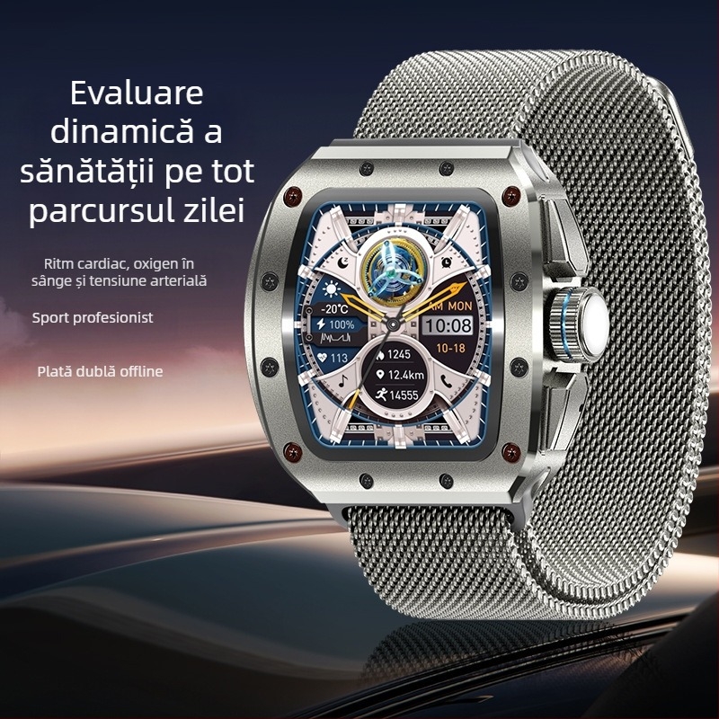 Ceas inteligent cu NFC, apeluri Bluetooth, monitorizare ritm cardiac și tensiune arterială, monitorizare somn