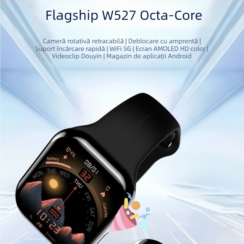 Ceas inteligent cu ecran AMOLED, cip W527 flagship, autonomie baterie sub 7 zile, rezistență la apă, monitorizare ritm cardiac și saturație a oxigenului din sânge