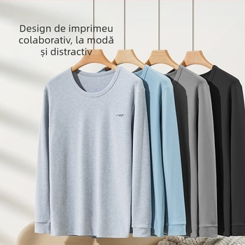 Set de pijama termic din bumbac pentru bărbați – tricou cu guler rotund și pantaloni, 100% bumbac, grosime 201–250 g/m², antibacterian și cald, imprimeu anime, pentru tineri 18–40