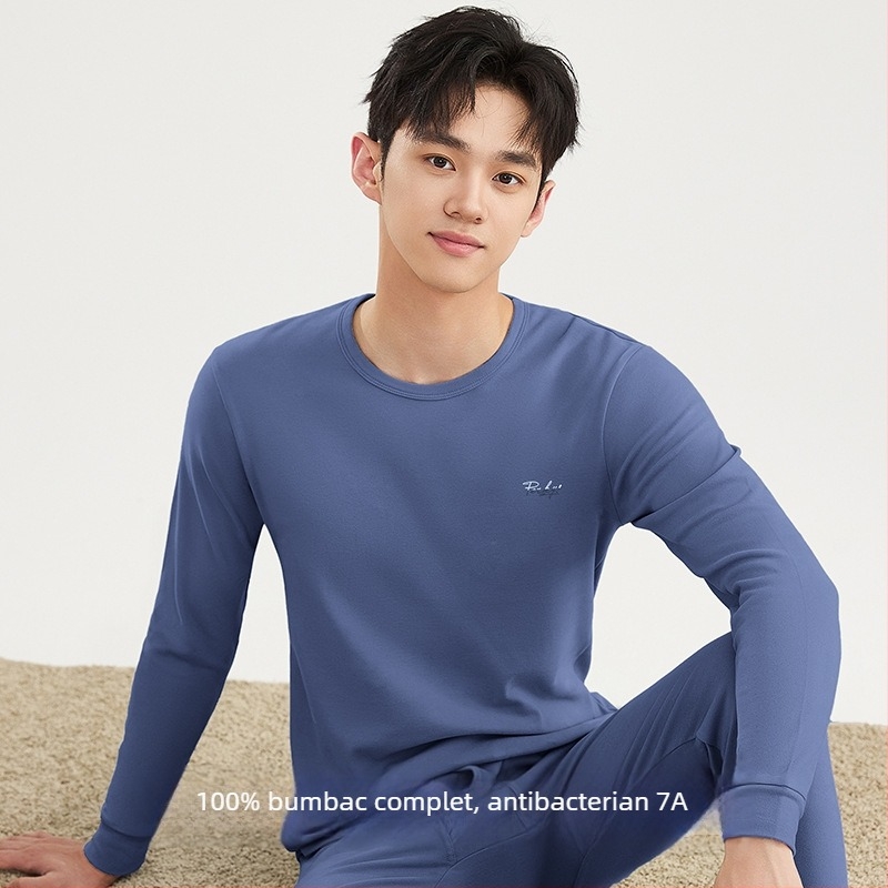 Set de pijama termic din bumbac pentru bărbați – tricou cu guler rotund și pantaloni, 100% bumbac, grosime 201–250 g/m², antibacterian și cald, imprimeu anime, pentru tineri 18–40