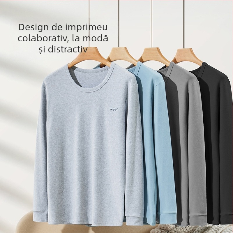 Set de pijama termic din bumbac pentru bărbați – tricou cu guler rotund și pantaloni, 100% bumbac, grosime 201–250 g/m², antibacterian și cald, imprimeu anime, pentru tineri 18–40