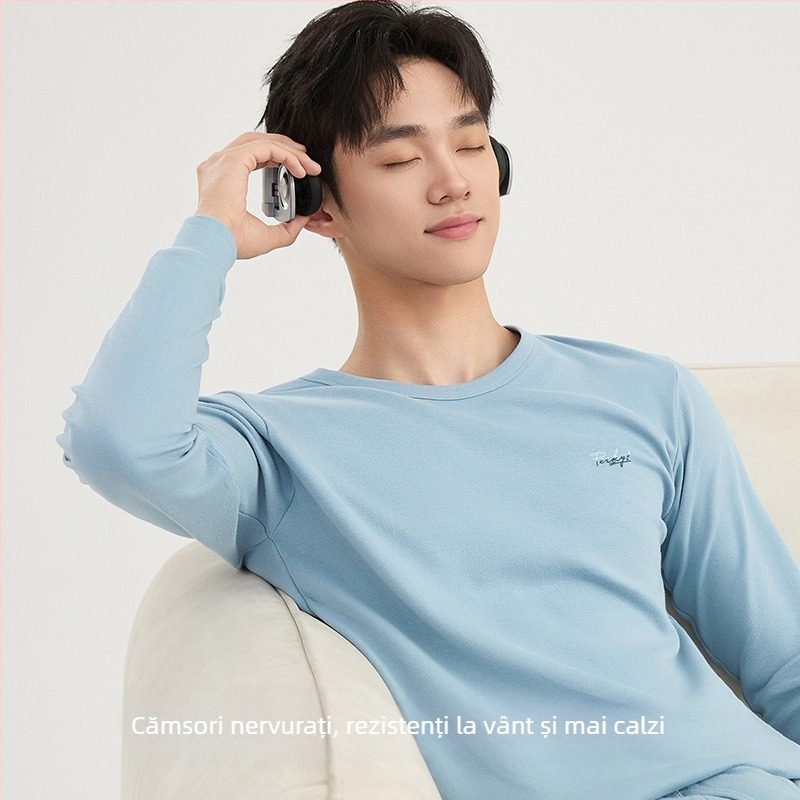 Set de pijama termic din bumbac pentru bărbați – tricou cu guler rotund și pantaloni, 100% bumbac, grosime 201–250 g/m², antibacterian și cald, imprimeu anime, pentru tineri 18–40