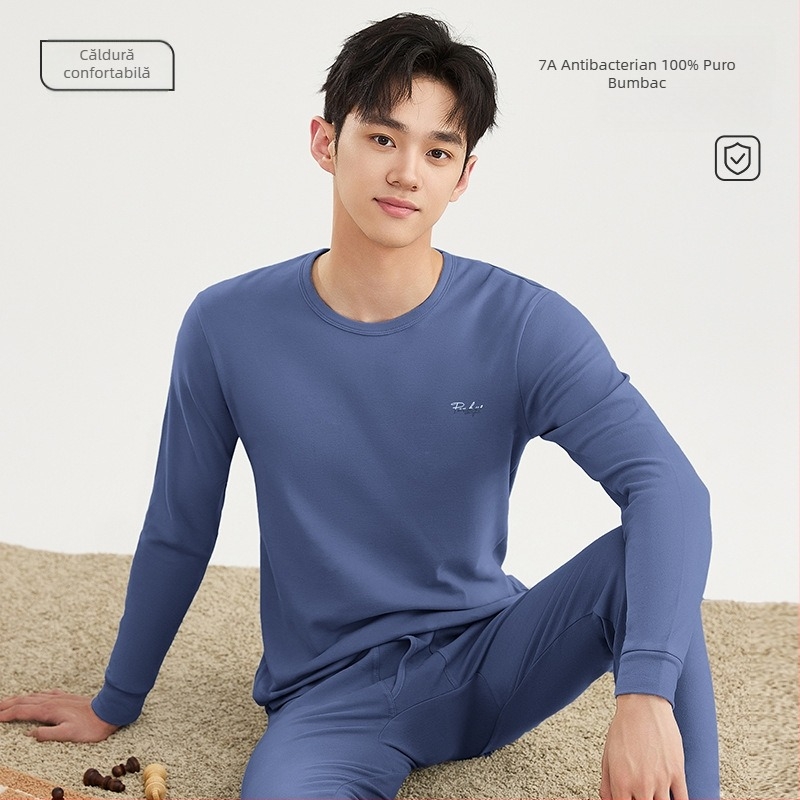 Set de pijama termic din bumbac pentru bărbați – tricou cu guler rotund și pantaloni, 100% bumbac, grosime 201–250 g/m², antibacterian și cald, imprimeu anime, pentru tineri 18–40