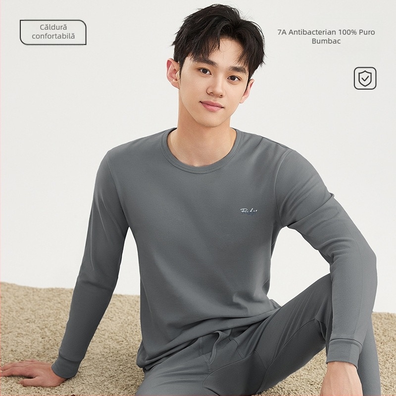 Set de pijama termic din bumbac pentru bărbați – tricou cu guler rotund și pantaloni, 100% bumbac, grosime 201–250 g/m², antibacterian și cald, imprimeu anime, pentru tineri 18–40