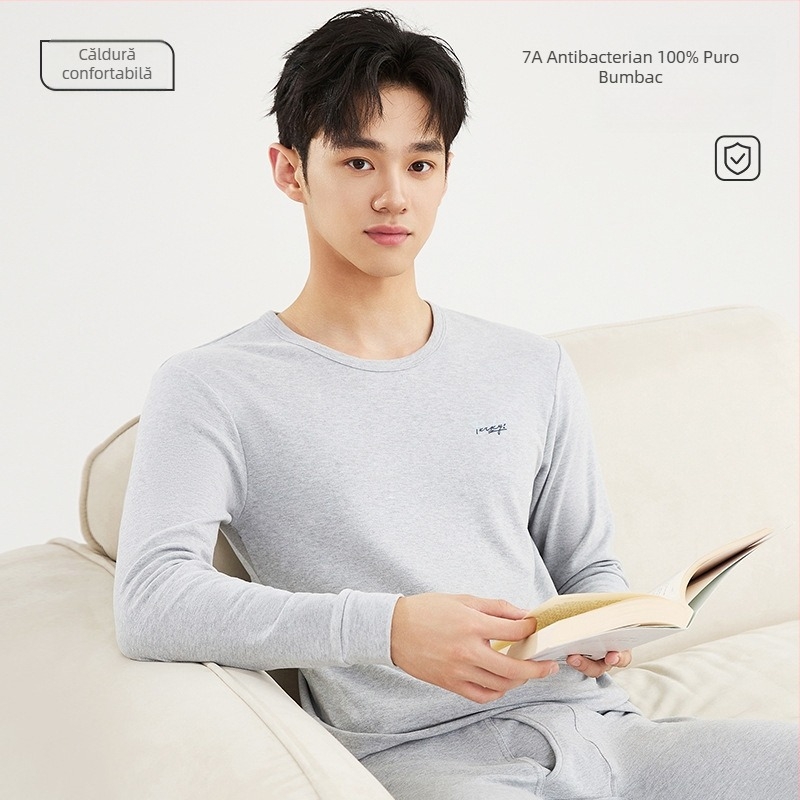 Set de pijama termic din bumbac pentru bărbați – tricou cu guler rotund și pantaloni, 100% bumbac, grosime 201–250 g/m², antibacterian și cald, imprimeu anime, pentru tineri 18–40