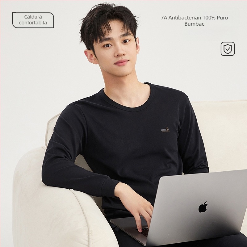 Set de pijama termic din bumbac pentru bărbați – tricou cu guler rotund și pantaloni, 100% bumbac, grosime 201–250 g/m², antibacterian și cald, imprimeu anime, pentru tineri 18–40