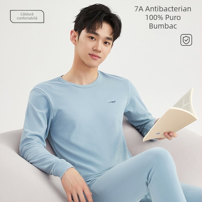 Set de pijama termic din bumbac pentru bărbați – tricou cu guler rotund și pantaloni, 100% bumbac, grosime 201–250 g/m², antibacterian și cald, imprimeu anime, pentru tineri 18–40