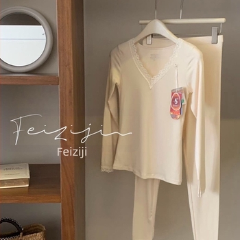 Set de lenjerie termică din bumbac pentru femei, top și pantaloni, croială Slim, decolteu în V, mâneci lungi