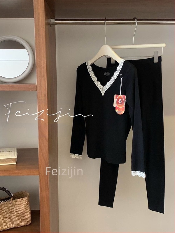 Set de lenjerie termică din bumbac pentru femei, top și pantaloni, croială Slim, decolteu în V, mâneci lungi