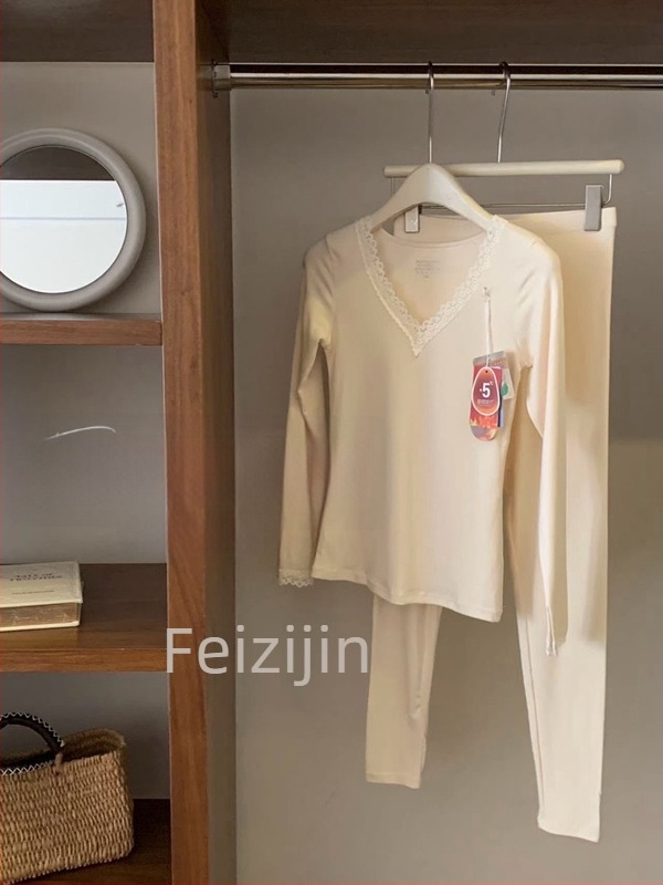 Set de lenjerie termică din bumbac pentru femei, top și pantaloni, croială Slim, decolteu în V, mâneci lungi