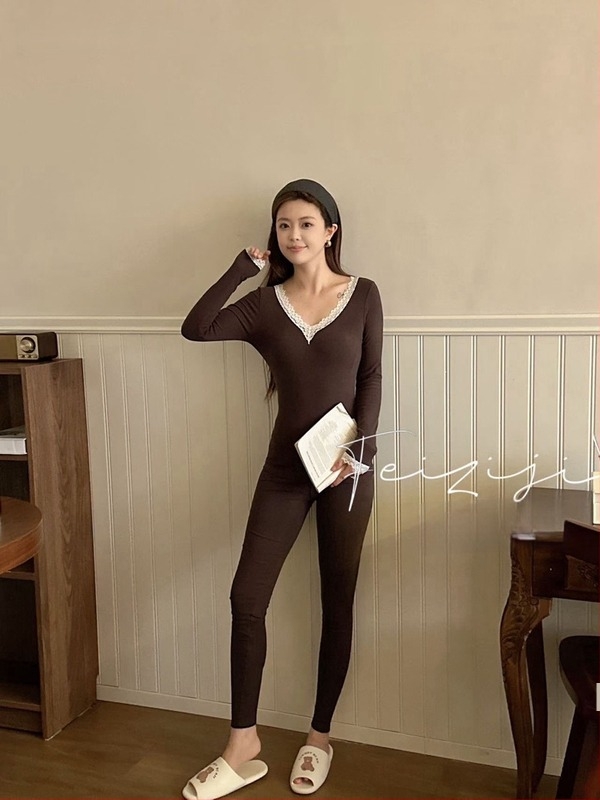 Set de lenjerie termică din bumbac pentru femei, top și pantaloni, croială Slim, decolteu în V, mâneci lungi