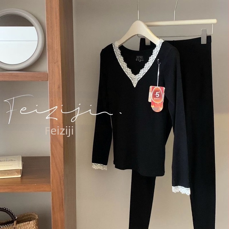 Set de lenjerie termică din bumbac pentru femei, top și pantaloni, croială Slim, decolteu în V, mâneci lungi